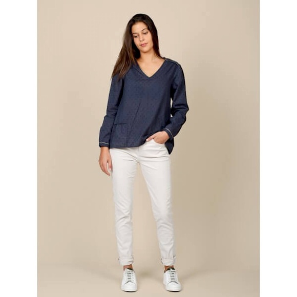 Lurex Details Plumetti V-Neck Navy Blue Shirt - Picture 2 of 5